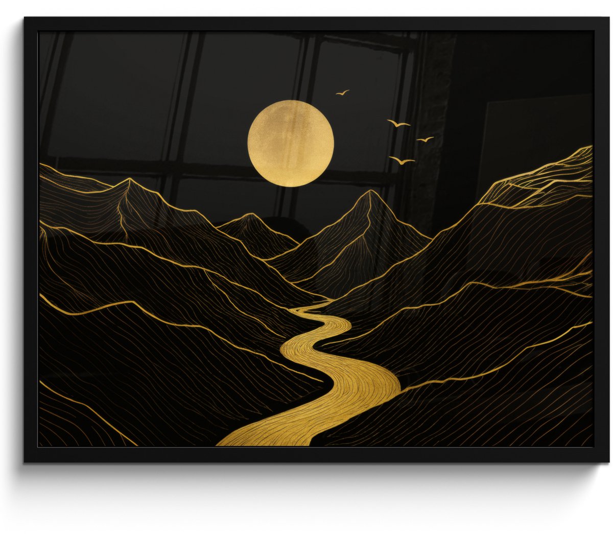 FrameYourWall Poster in lijst - Fotolijst 70x50 cm - Posters - Rivier - Goud - Maan - Vogels - Posterlijst zwart - Decoratie - Wanddecoratie woonkamer - Muurdecoratie slaapkamer Rivier - Bergen - Maan