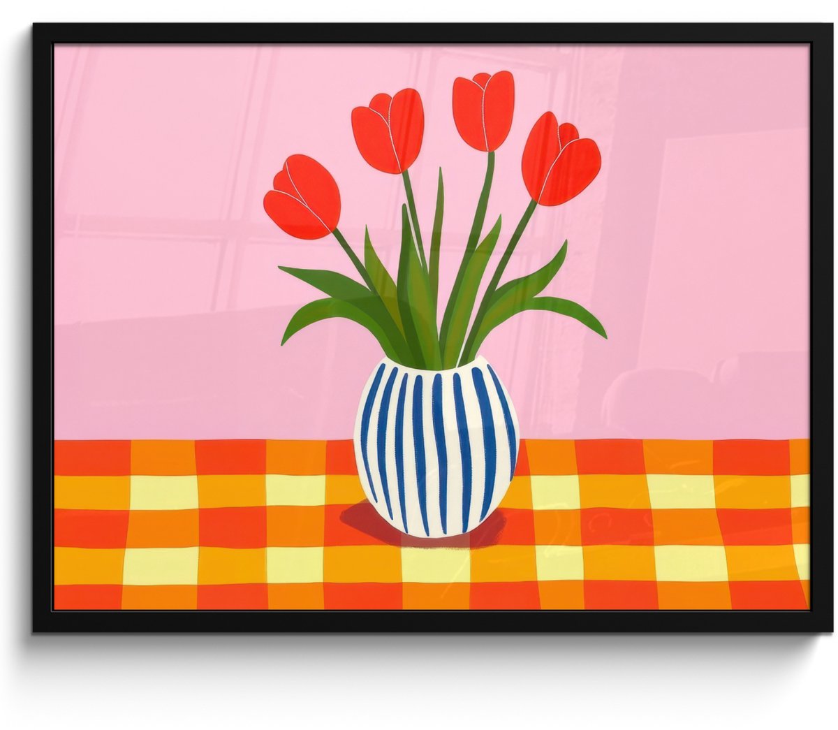 FrameYourWall Poster in lijst - Fotolijst 70x50 cm - Posters - Tulpen - Roze - Vaas - Posterlijst zwart - Decoratie - Wanddecoratie woonkamer - Muurdecoratie slaapkamer