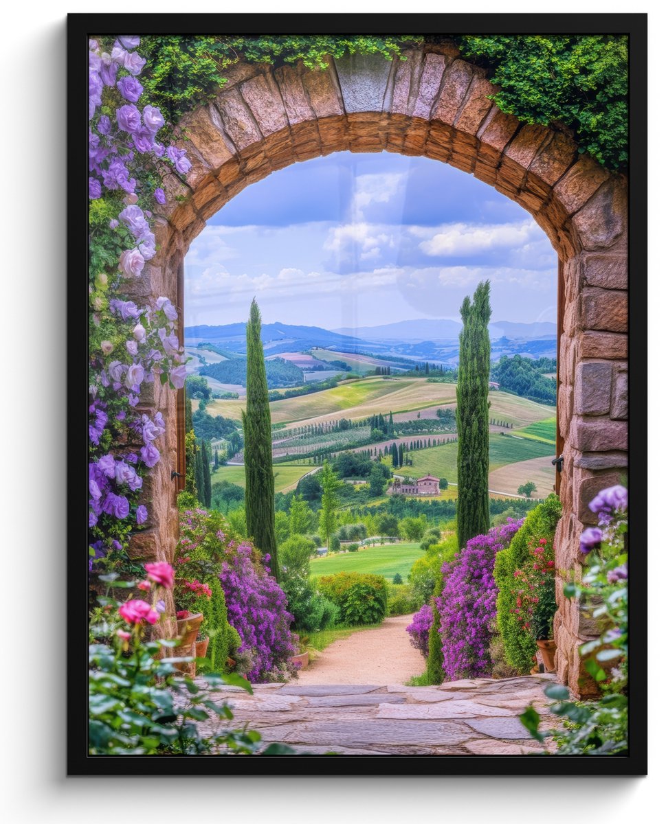 FrameYourWall Poster in lijst - Fotolijst 50x70 cm - Posters - Doorkijk - Toscane - Landschap - Poort - Posterlijst zwart - Decoratie - Wanddecoratie woonkamer - Muurdecoratie slaapkamer Poort - Tuin