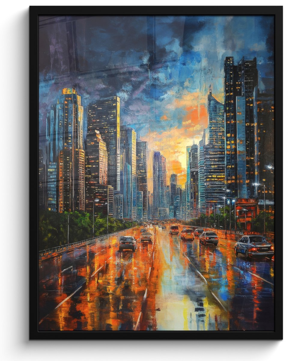 FrameYourWall Poster in lijst - Fotolijst 50x70 cm - Posters - Auto - Skyline - Zon - Blauw - Posterlijst zwart - Decoratie - Wanddecoratie woonkamer - Muurdecoratie slaapkamer Auto - Gebouwen