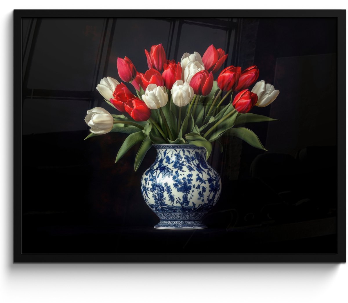 FrameYourWall Poster in lijst - Fotolijst 70x50 cm - Posters - Rode - Bloemen - Tulpen - Vaas - Posterlijst zwart - Decoratie - Wanddecoratie woonkamer - Muurdecoratie slaapkamer Tulpen - Rood - Wit