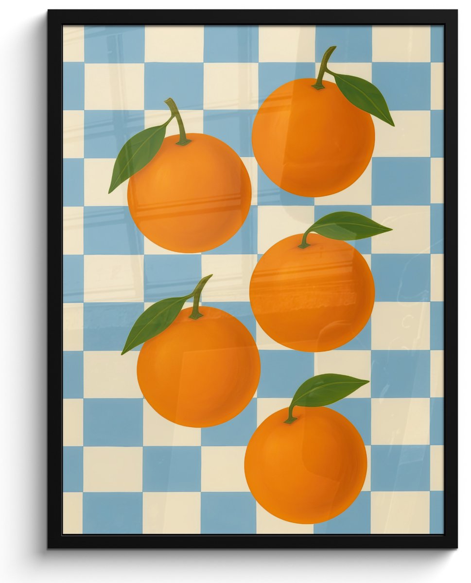 FrameYourWall Poster in lijst - Fotolijst 50x70 cm - Posters - Sinaasappels - Blaadjes - Geblokt - Blauw - Posterlijst zwart - Decoratie - Wanddecoratie woonkamer - Muurdecoratie slaapkamer