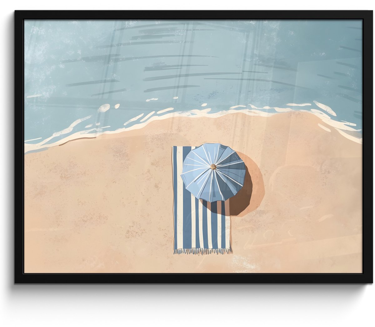 FrameYourWall Poster in lijst - Fotolijst 70x50 cm - Posters - Strandlaken - Strepen - Parasol - Strand - Posterlijst zwart - Decoratie - Wanddecoratie woonkamer - Muurdecoratie slaapkamer Strand - Parasol