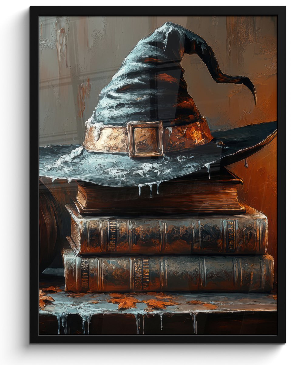 FrameYourWall Poster in lijst - Fotolijst 50x70 cm - Posters - Halloween - Stilleven - Heksenhoed - Pompoen - Heks - Posterlijst zwart - Decoratie - Wanddecoratie woonkamer - Muurdecoratie slaapkamer Halloween - Heksenhoed en pompoen