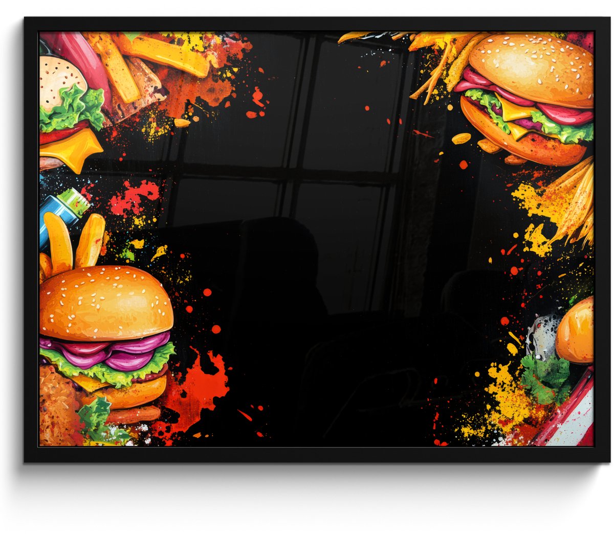 FrameYourWall Poster in lijst - Fotolijst 70x50 cm - Posters - Fastfood - Graffiti - Hamburger - Eten - Modern - Posterlijst zwart - Decoratie - Wanddecoratie woonkamer - Muurdecoratie slaapkamer