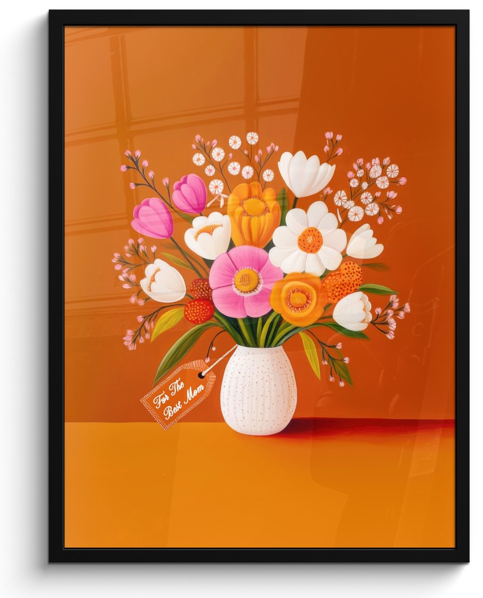 FrameYourWall Poster in lijst - Fotolijst 50x70 cm - Posters - Vaas - Bloemen - Oranje - Posterlijst zwart - Decoratie - Wanddecoratie woonkamer - Muurdecoratie slaapkamer Boeket - Kaartje