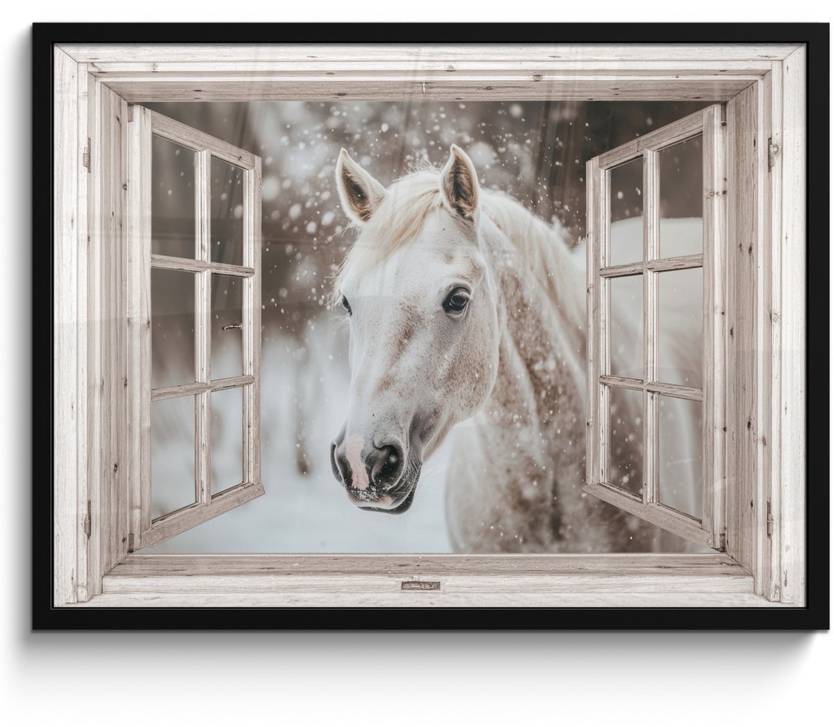 FrameYourWall Poster in lijst - Fotolijst 70x50 cm - Posters - Paard - Wit - Winter - Sneeuw - Doorkijk - Dieren - Posterlijst zwart - Decoratie - Wanddecoratie woonkamer - Muurdecoratie slaapkamer