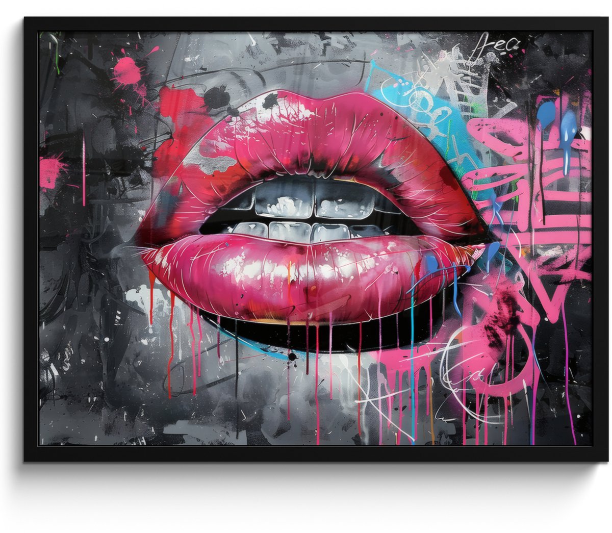 FrameYourWall Poster in lijst - Fotolijst 70x50 cm - Posters - Lippen - Felroze - Graffiti - Verfstrepen - Posterlijst zwart - Decoratie - Wanddecoratie woonkamer - Muurdecoratie slaapkamer Lippen - Graffiti