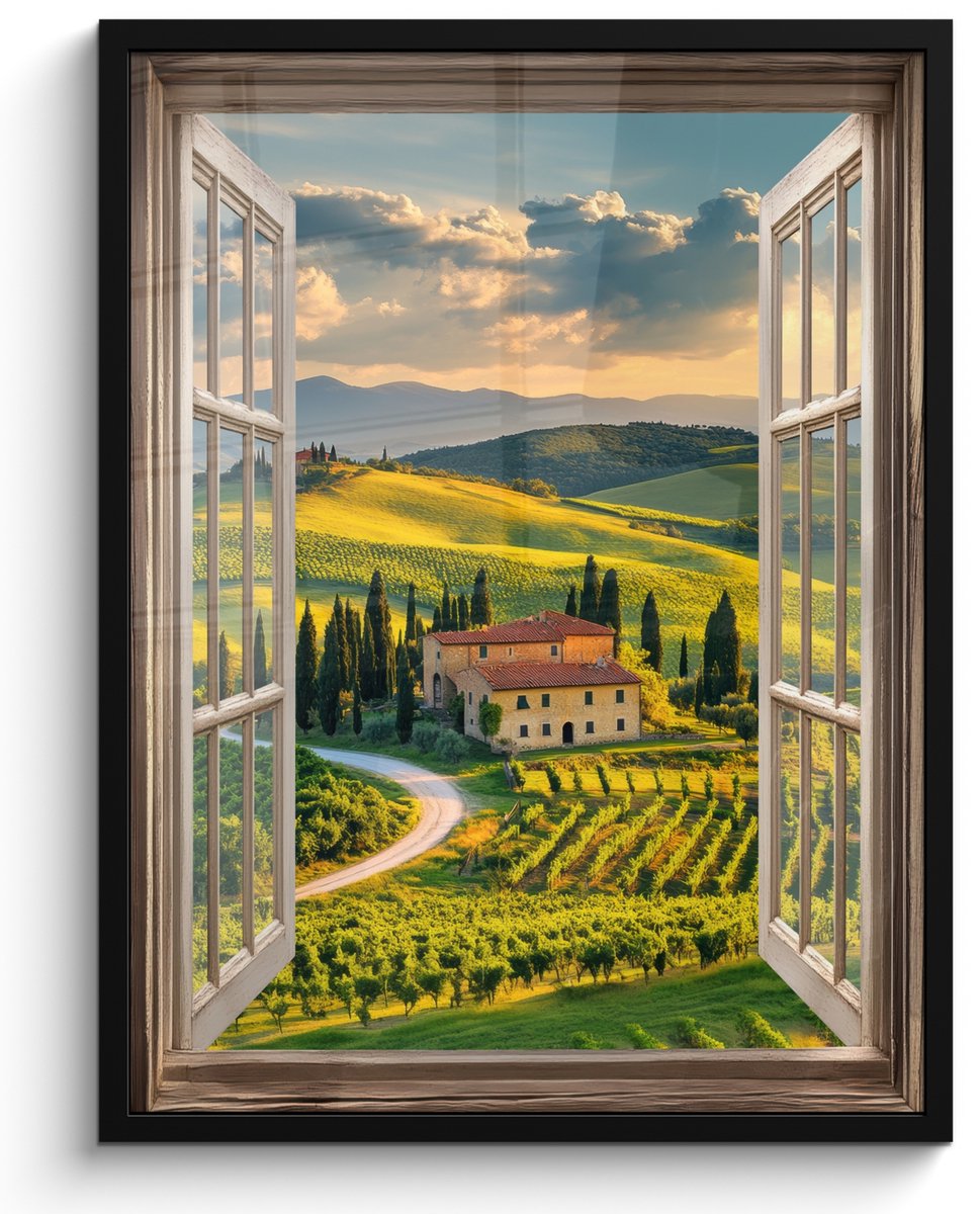 FrameYourWall Poster in lijst - Fotolijst 50x70 cm - Posters - Doorkijk - Toscane - Uitzicht - Landschap - Zomer - Posterlijst zwart - Decoratie - Wanddecoratie woonkamer - Muurdecoratie slaapkamer Toscane - Landschap