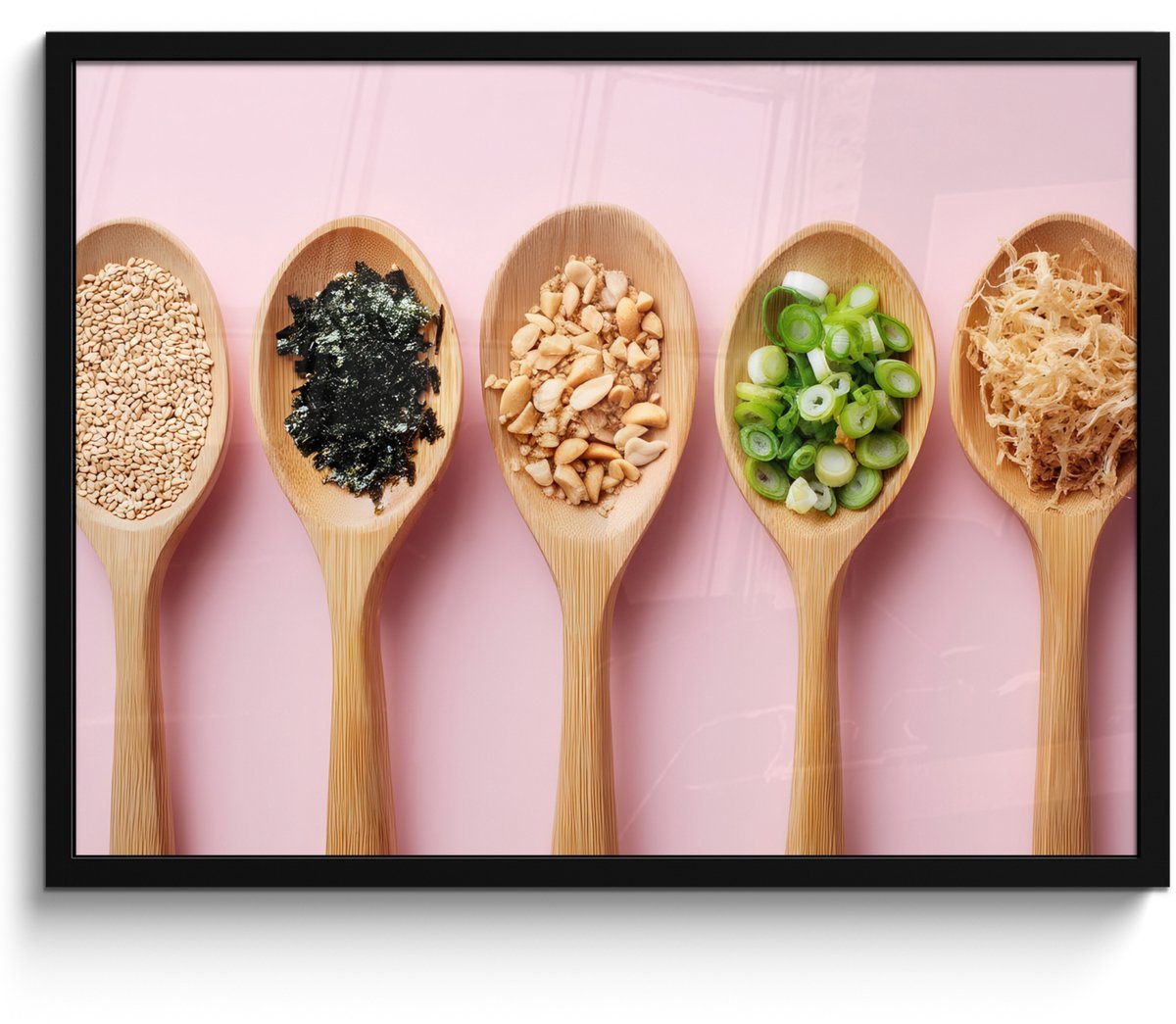 FrameYourWall Poster in lijst - Fotolijst 70x50 cm - Posters - Ingrediënten - Lepels - Hout - Roze - Posterlijst zwart - Decoratie - Wanddecoratie woonkamer - Muurdecoratie slaapkamer