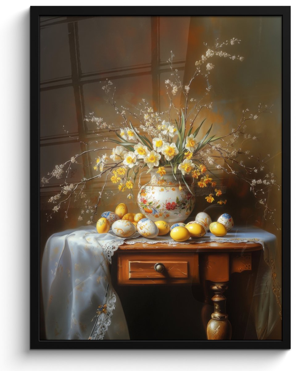 FrameYourWall Poster in lijst - Fotolijst 50x70 cm - Posters - Paaseieren - Stilleven - Vaas - Posterlijst zwart - Decoratie - Wanddecoratie woonkamer - Muurdecoratie slaapkamer Stilleven - Vintage