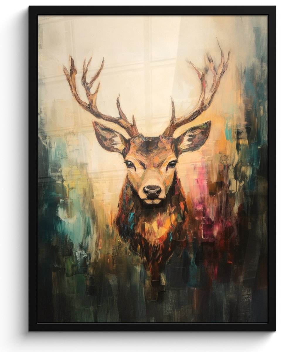 FrameYourWall Poster in lijst - Fotolijst 50x70 cm - Posters - Hert - Geverfd - Gewei - Bruin - Posterlijst zwart - Decoratie - Wanddecoratie woonkamer - Muurdecoratie slaapkamer Hert - Gewei - Verf