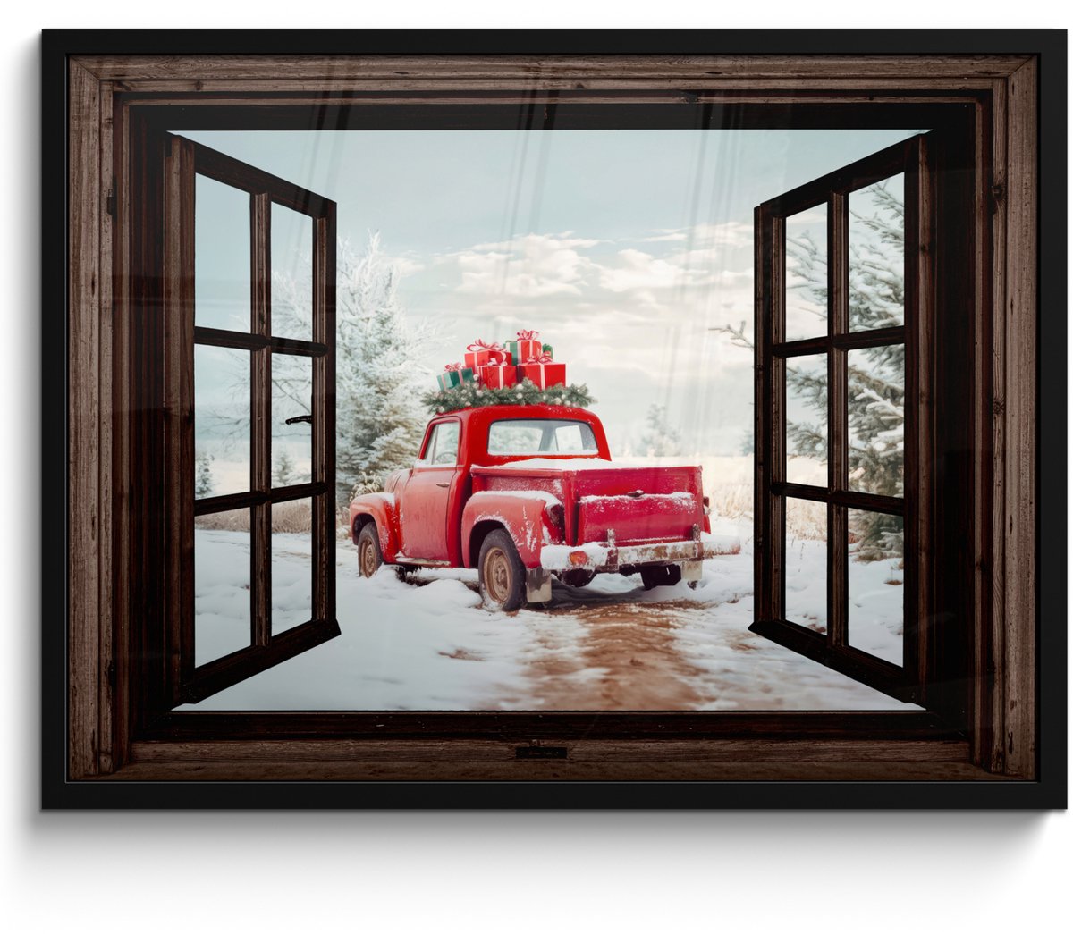 FrameYourWall Poster in lijst - Fotolijst 70x50 cm - Posters - Doorkijk - Auto - Rood - Cadeaus - Winterlandschap - Kerst - Posterlijst zwart - Decoratie - Wanddecoratie woonkamer - Muurdecoratie slaapkamer - Kerstversiering - Kerstdecoratie voor binnen - Kerstmis