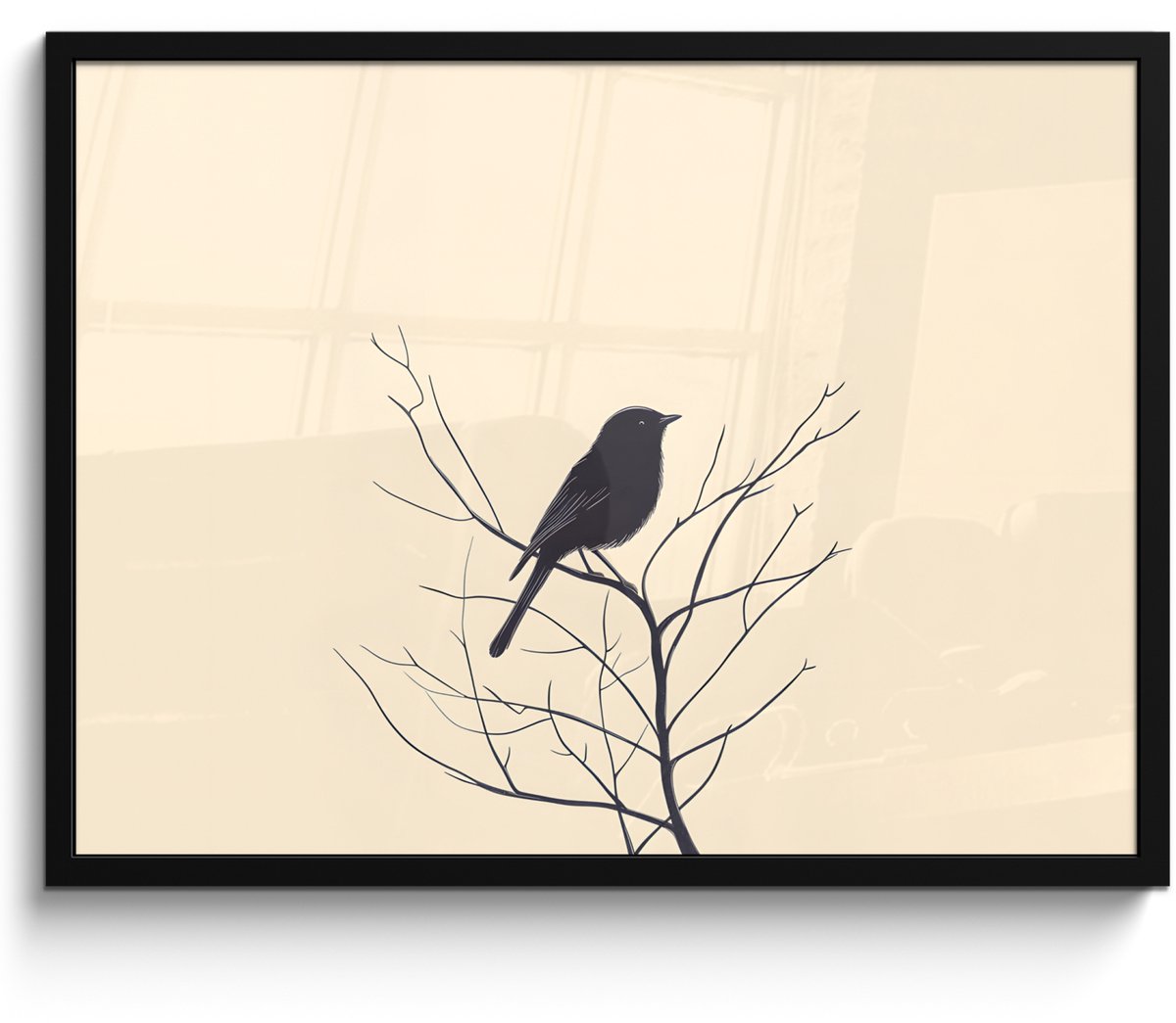 FrameYourWall Poster in lijst - Fotolijst 70x50 cm - Posters - Vogel - Zwart - Tak - Minimalistisch - Posterlijst zwart - Decoratie - Wanddecoratie woonkamer - Muurdecoratie slaapkamer Vogel - Tak