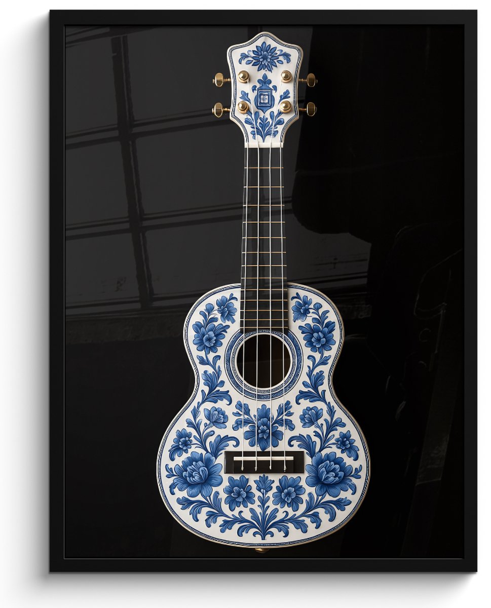 FrameYourWall Poster in lijst - Fotolijst 50x70 cm - Posters - Ukelele - Delfts - Blauw - Muziek - Posterlijst zwart - Decoratie - Wanddecoratie woonkamer - Muurdecoratie slaapkamer Gitaar