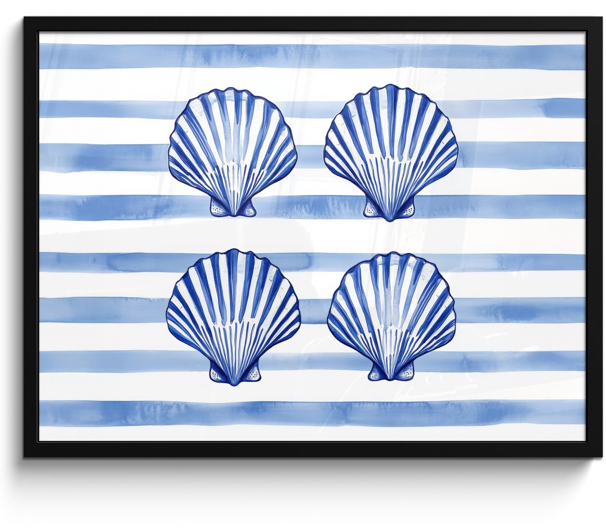 FrameYourWall Poster in lijst - Fotolijst 70x50 cm - Posters - Vier schelpen - Blauw - Wit - Strepen - Posterlijst zwart - Decoratie - Wanddecoratie woonkamer - Muurdecoratie slaapkamer Schelpen - Strepen