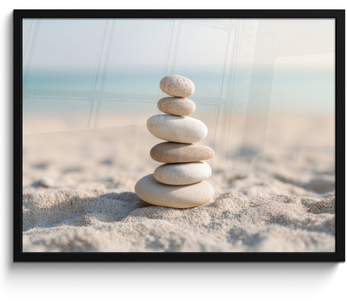 FrameYourWall Poster in lijst - Fotolijst 70x50 cm - Posters - Stenen - Stapel - Zand - Zee - Posterlijst zwart - Decoratie - Wanddecoratie woonkamer - Muurdecoratie slaapkamer