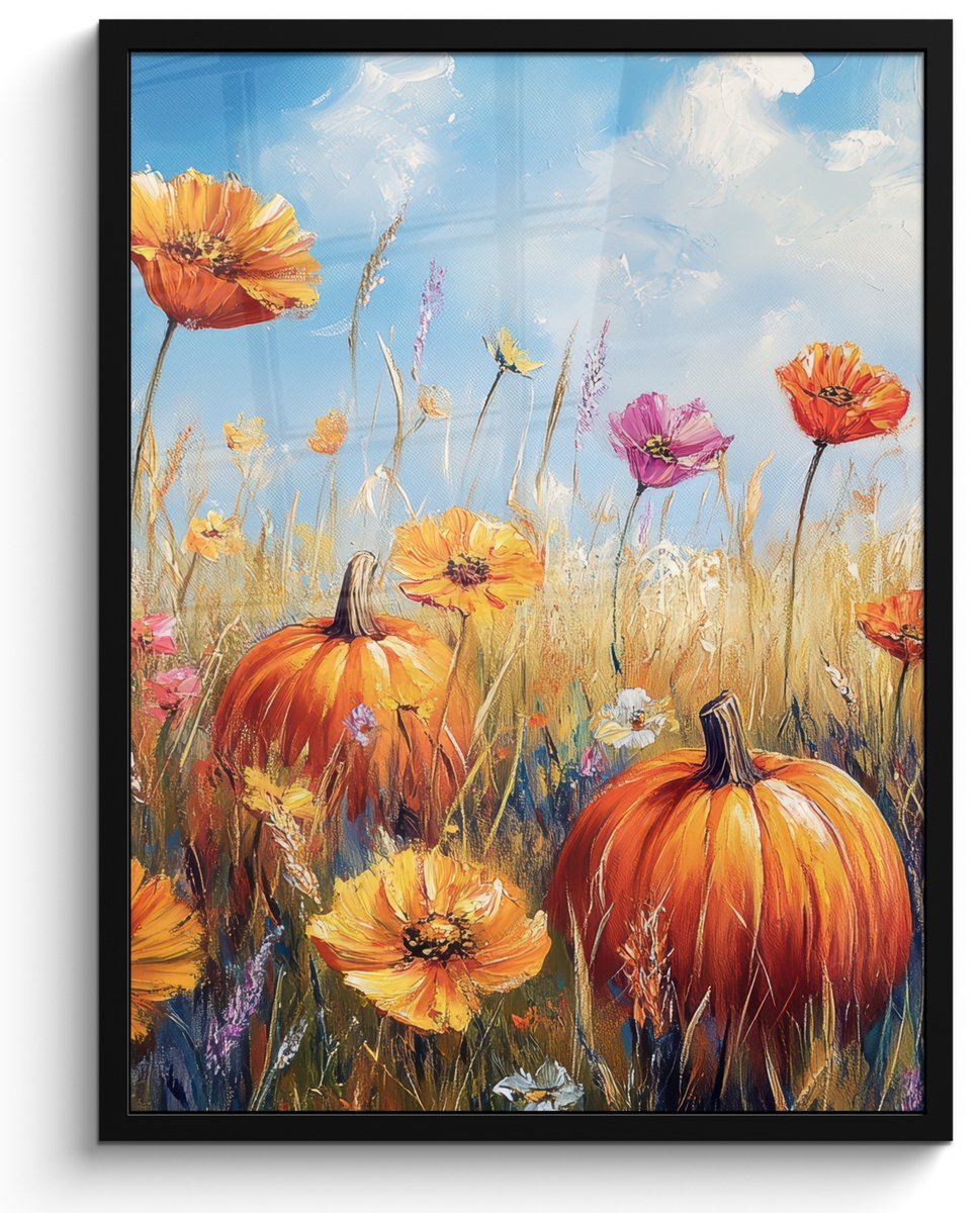 FrameYourWall Poster in lijst - Fotolijst 50x70 cm - Posters - Bloemen - Herfst - Pompoen - Natuur - Landschap - Posterlijst zwart - Decoratie - Wanddecoratie woonkamer - Muurdecoratie slaapkamer Oranje