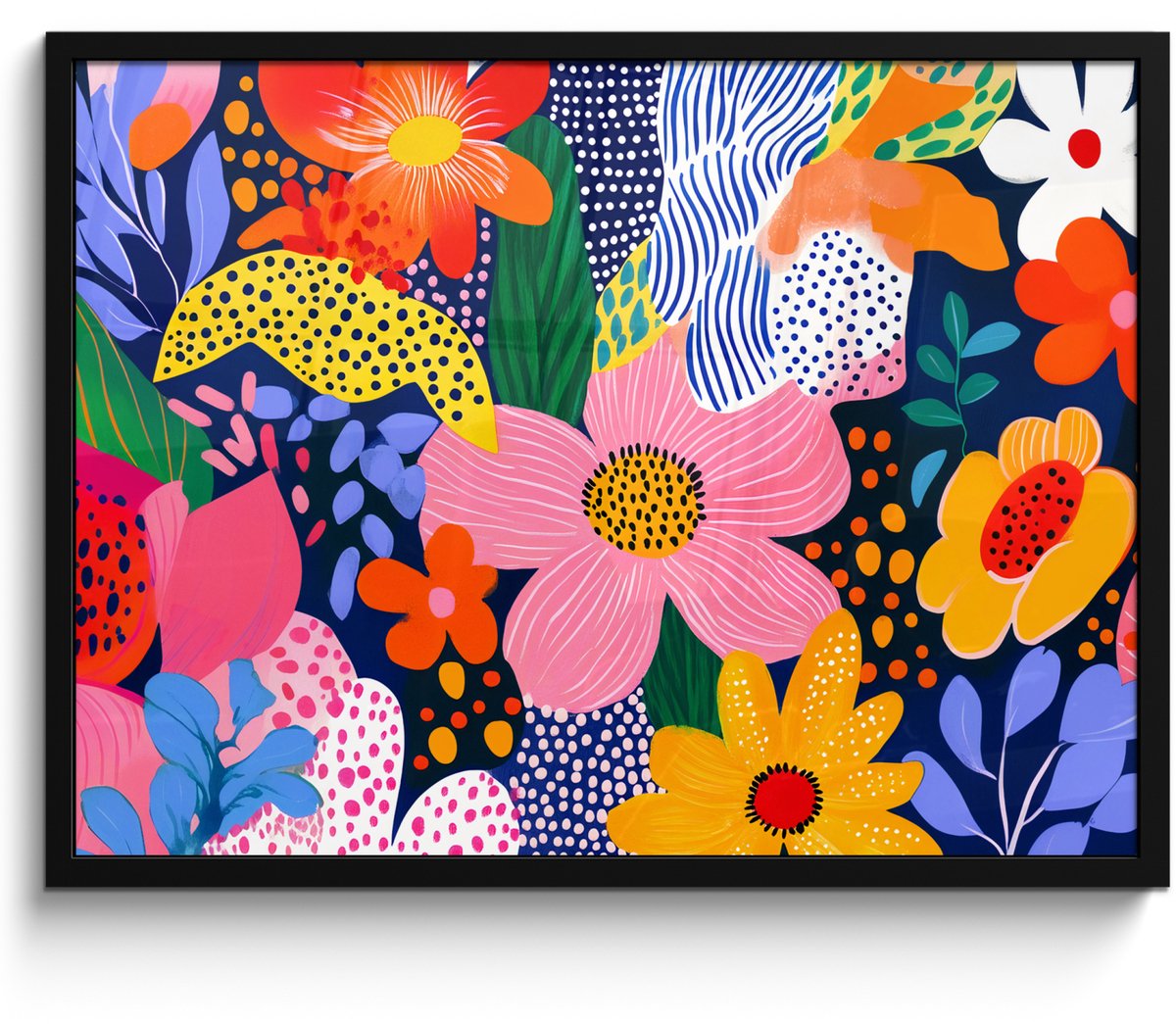 FrameYourWall Poster in lijst - Fotolijst 70x50 cm - Posters - Kleurrijk - Bloemen - Abstract - Stippen - Posterlijst zwart - Decoratie - Wanddecoratie woonkamer - Muurdecoratie slaapkamer Schilderij - Abstract - Bloemen