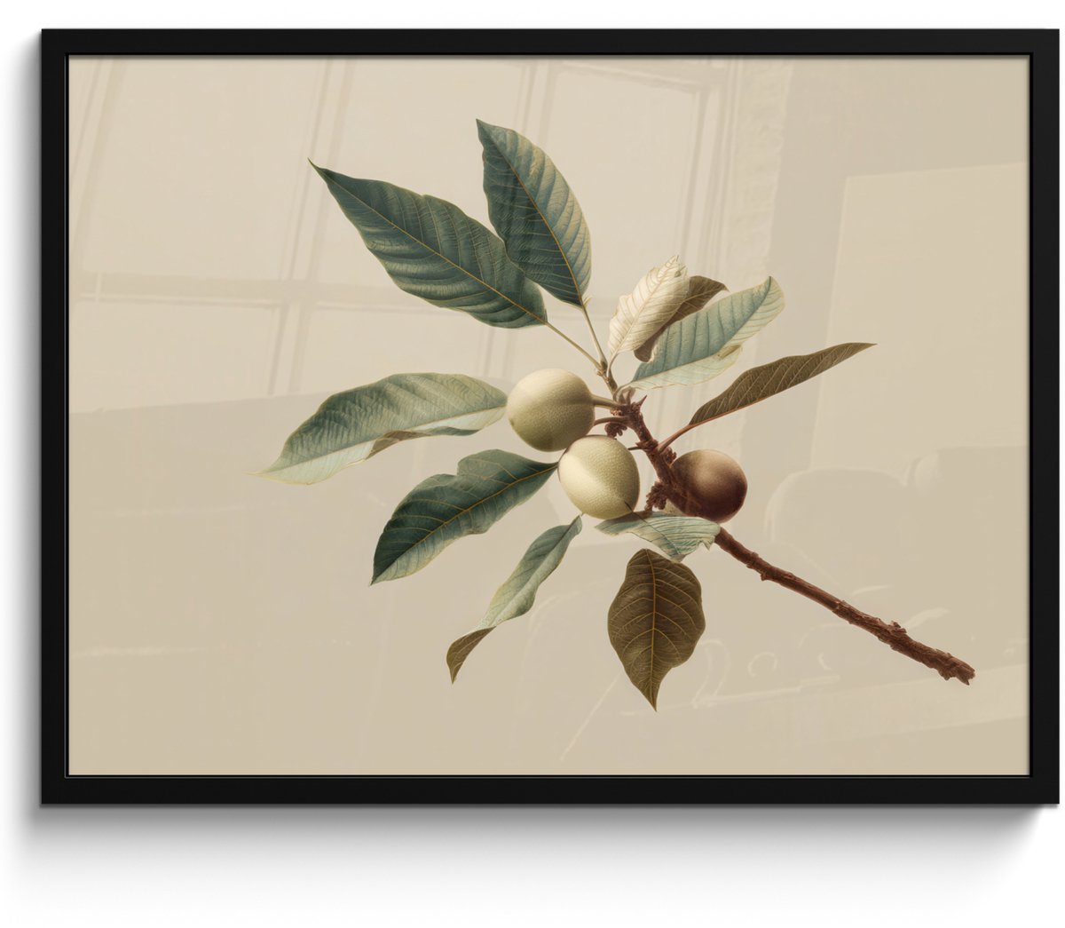 FrameYourWall Poster in lijst - Fotolijst 70x50 cm - Posters - Tak - Groene Bladeren - Vruchten - Posterlijst zwart - Decoratie - Wanddecoratie woonkamer - Muurdecoratie slaapkamer Tak - Bladeren - Vruchten