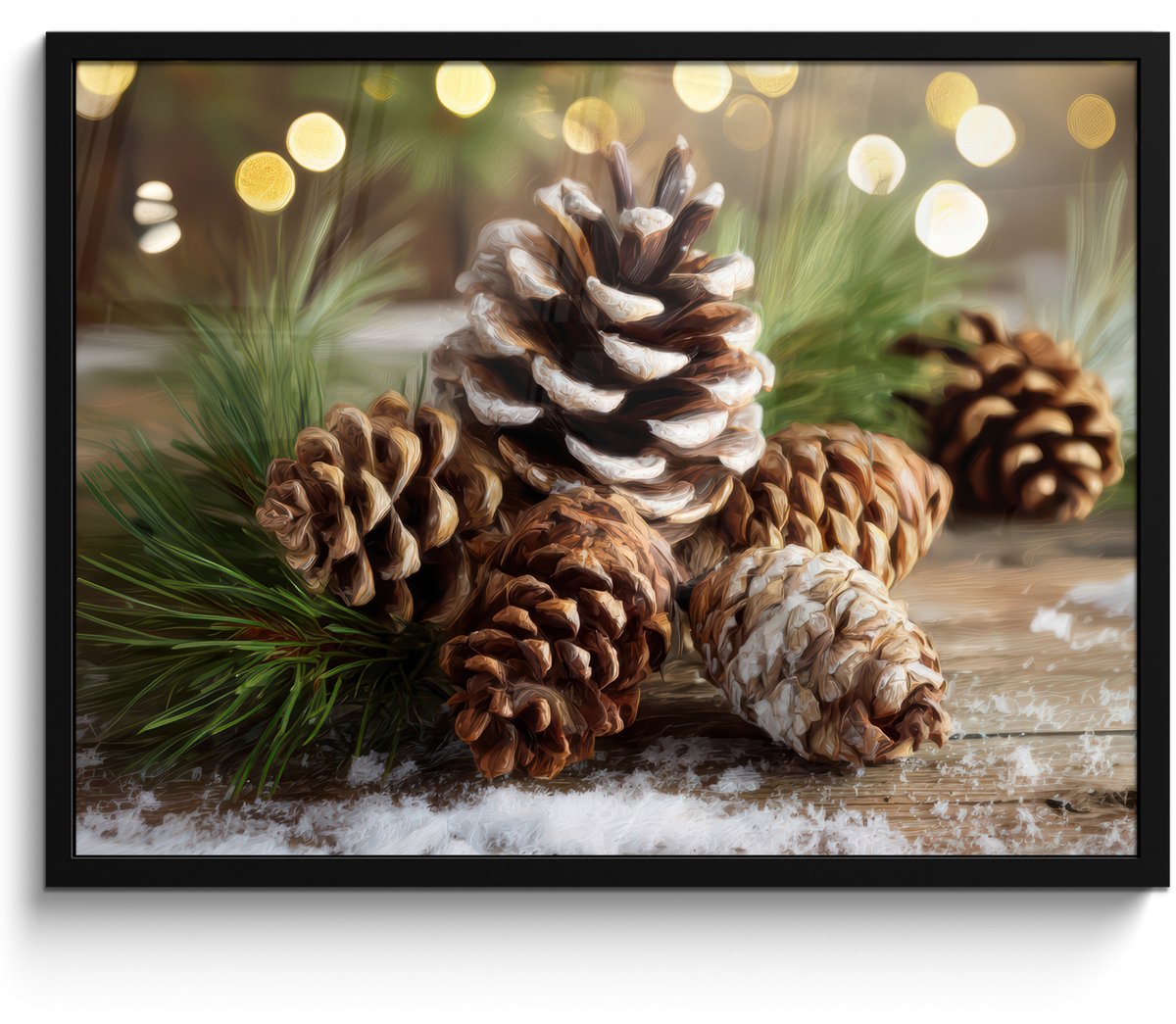 FrameYourWall Poster in lijst - Fotolijst 70x50 cm - Posters - Dennenappels - Kerstsfeer - Bruin - Groen - Posterlijst zwart - Decoratie - Wanddecoratie woonkamer - Muurdecoratie slaapkamer - Kerstversiering - Kerstdecoratie voor binnen - Kerstmis