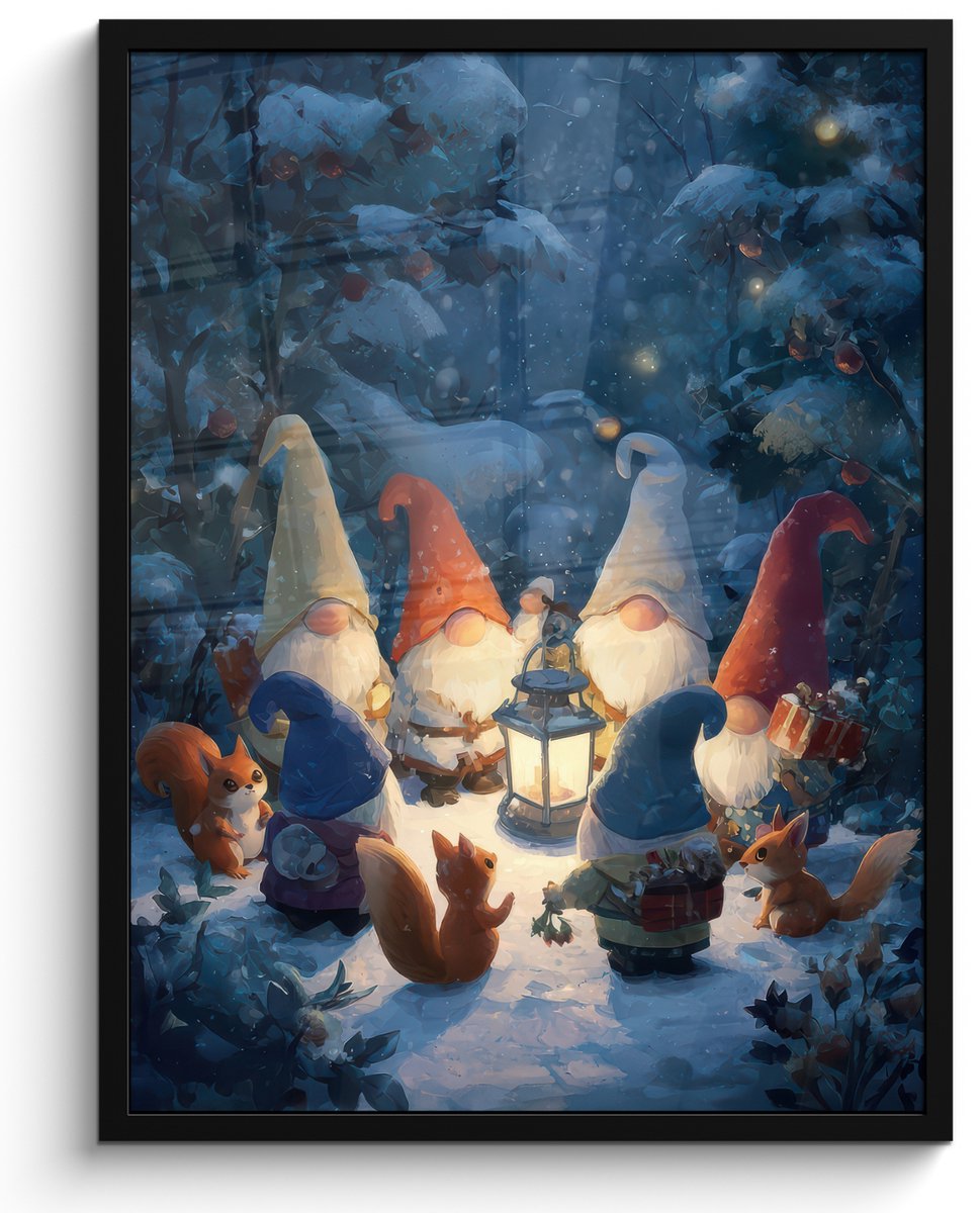 FrameYourWall Poster in lijst - Fotolijst 50x70 cm - Posters - Winter - Gnooms - Eekhoorns - Meerkleurig - Posterlijst zwart - Decoratie - Wanddecoratie woonkamer - Muurdecoratie slaapkamer - Kerstversiering - Kerstdecoratie voor binnen - Kerstmis