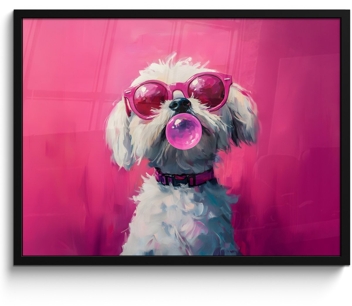 FrameYourWall Poster in lijst - Fotolijst 70x50 cm - Posters - Pink - Hond - Bubbel - Posterlijst zwart - Decoratie - Wanddecoratie woonkamer - Muurdecoratie slaapkamer Hond - Kauwgom