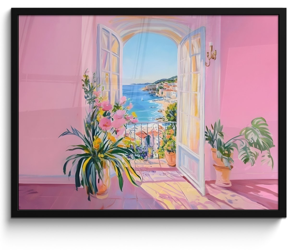 FrameYourWall Poster in lijst - Fotolijst 70x50 cm - Posters - Roze - Buiten - Verf - Posterlijst zwart - Decoratie - Wanddecoratie woonkamer - Muurdecoratie slaapkamer Strand - Balkon