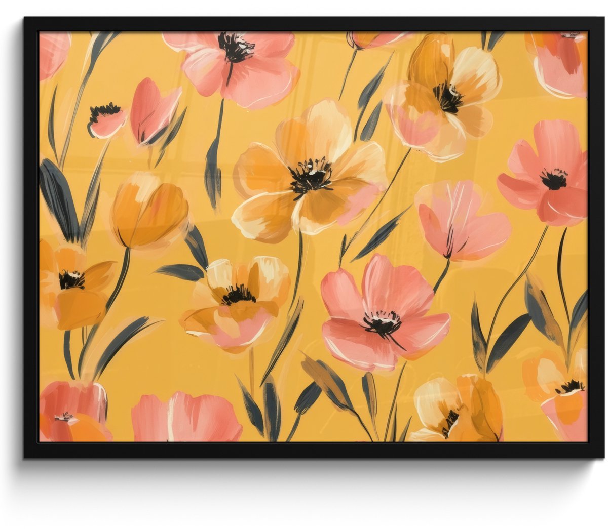 FrameYourWall Poster in lijst - Fotolijst 70x50 cm - Posters - Bloemen - Geschilderd - Geel - Posterlijst zwart - Decoratie - Wanddecoratie woonkamer - Muurdecoratie slaapkamer