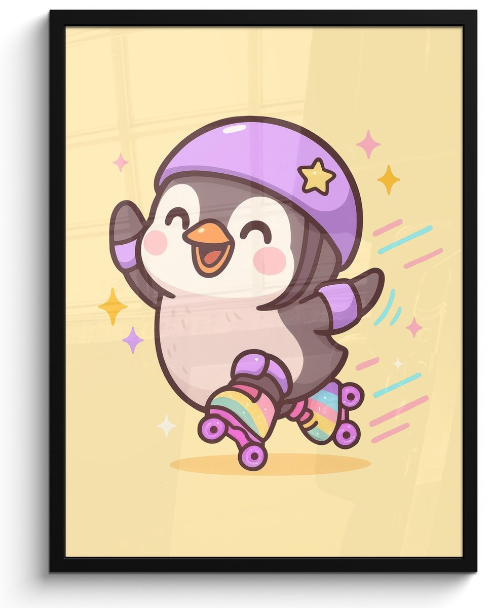 FrameYourWall Poster in lijst - Fotolijst 50x70 cm - Posters - Pinguïn - Rolschaatsen - Geel - Energiek - Posterlijst zwart - Decoratie - Wanddecoratie woonkamer - Muurdecoratie slaapkamer