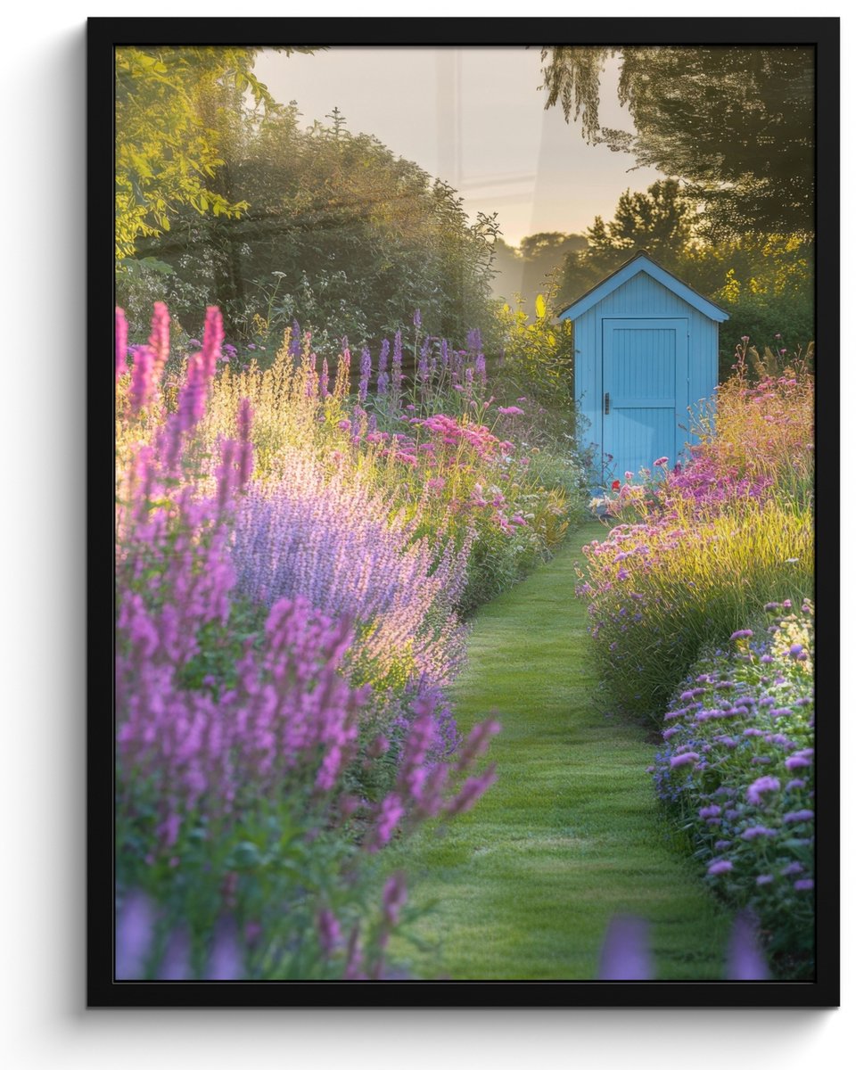 FrameYourWall Poster in lijst - Fotolijst 50x70 cm - Posters - Tuinhuisje - Blauw - Bloemen - Posterlijst zwart - Decoratie - Wanddecoratie woonkamer - Muurdecoratie slaapkamer Lavendel - Tuin