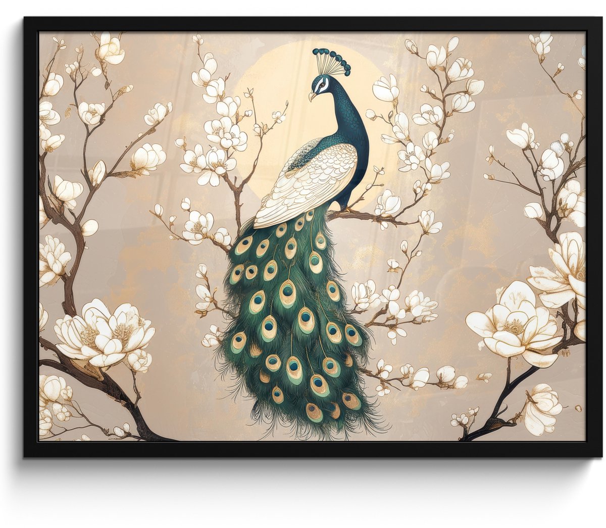 FrameYourWall Poster in lijst - Fotolijst 70x50 cm - Posters - Pauw - Tak - Bloemen - Posterlijst zwart - Decoratie - Wanddecoratie woonkamer - Muurdecoratie slaapkamer