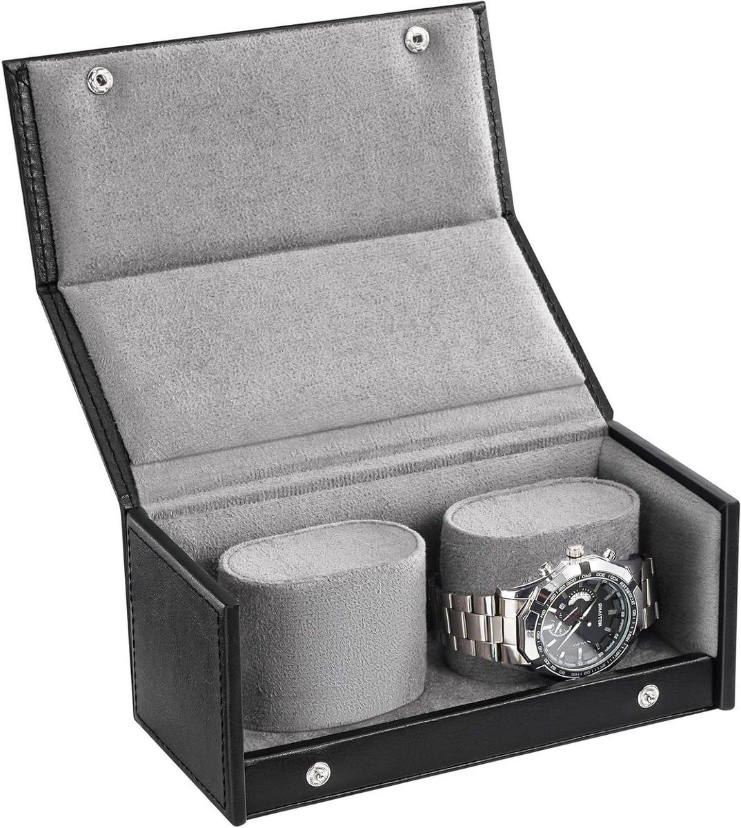 Reisetui voor horloges met 2 sleuven, horloge bewaardoos met fluwelen voering, schokbestendig - zwart - opbergbox voor horloges.
