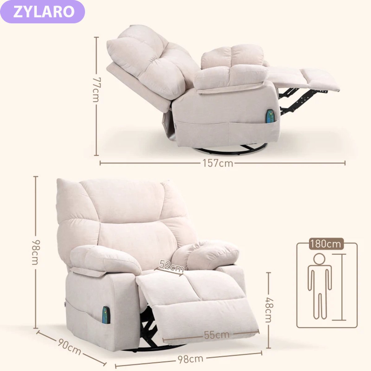 Elektrische Massagestoel - Massagefauteuil met Verwarmingsfunctie - Schommel- en 360°-Draaifunctie - 8 Vibratiekoppen - Kantelbaar tot 145° - tot 150 kg - met Afstandsbediening - Relaxfauteuil - Relaxstoel - TV stoel - Beige – foto 4
