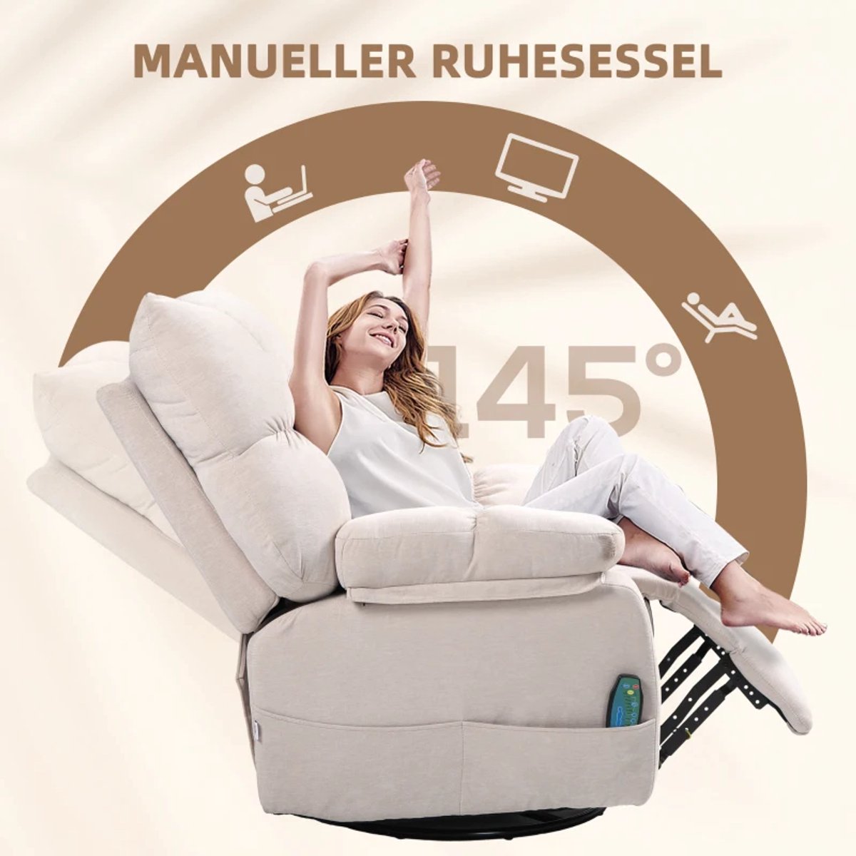 Elektrische Massagestoel - Massagefauteuil met Verwarmingsfunctie - Schommel- en 360°-Draaifunctie - 8 Vibratiekoppen - Kantelbaar tot 145° - tot 150 kg - met Afstandsbediening - Relaxfauteuil - Relaxstoel - TV stoel - Beige – foto 8