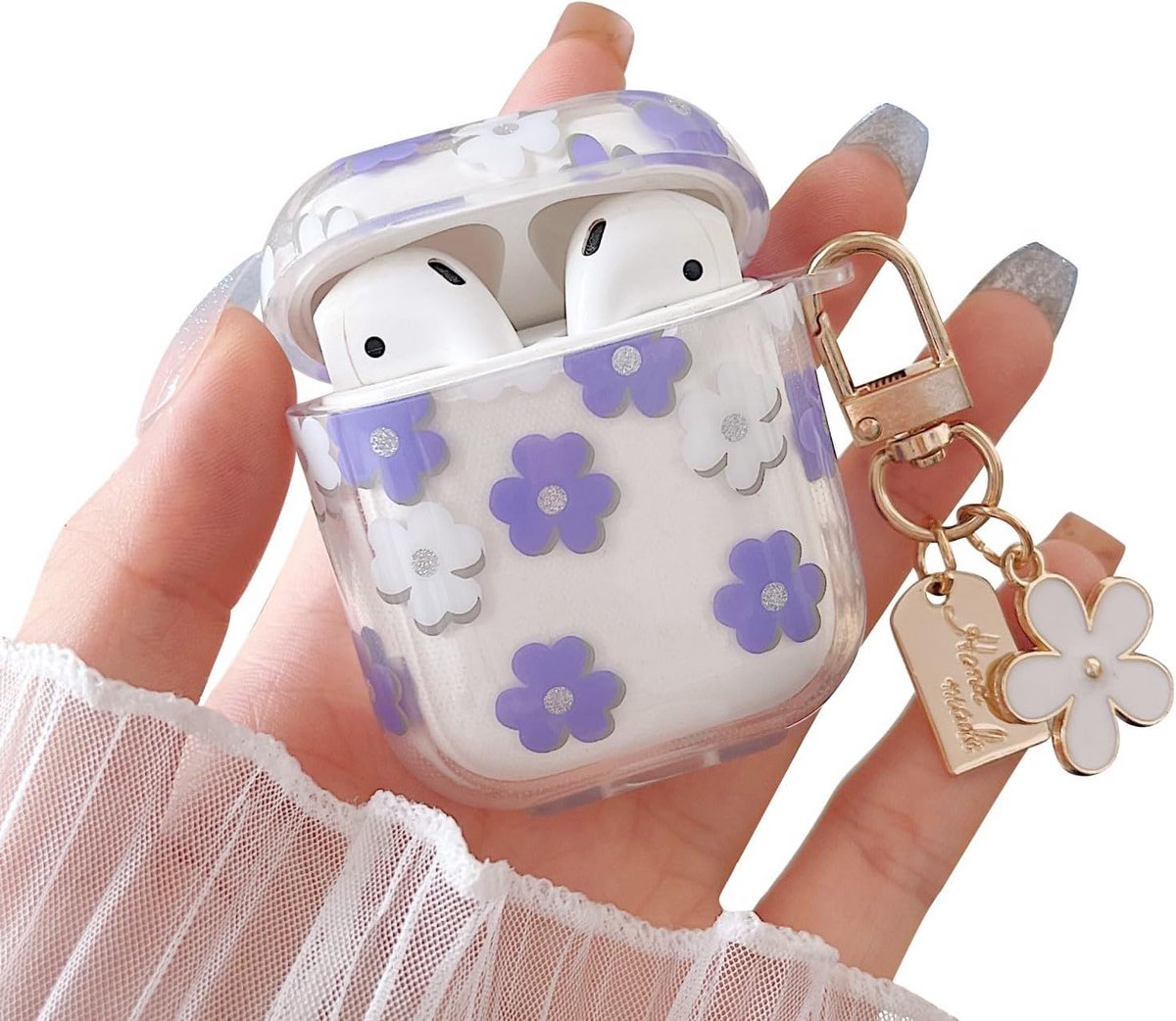 Compatibel met AirPods 1/2 - Doorzichtig hoesje met cartoon bloemenpatroon en bloemen sleutelhanger
