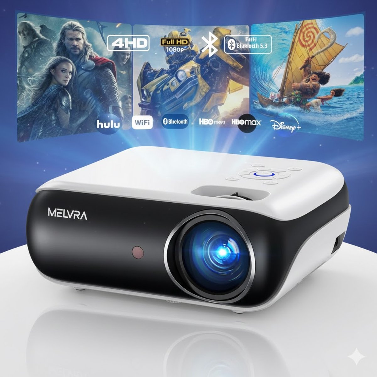 MELVRA 4K Mini Beamer - 4K Support & Native 1080P Full HD Projector - 10000 Lumen - Bluetooth 5.1 & WiFi - Inclusief HDMI & USB - Wit