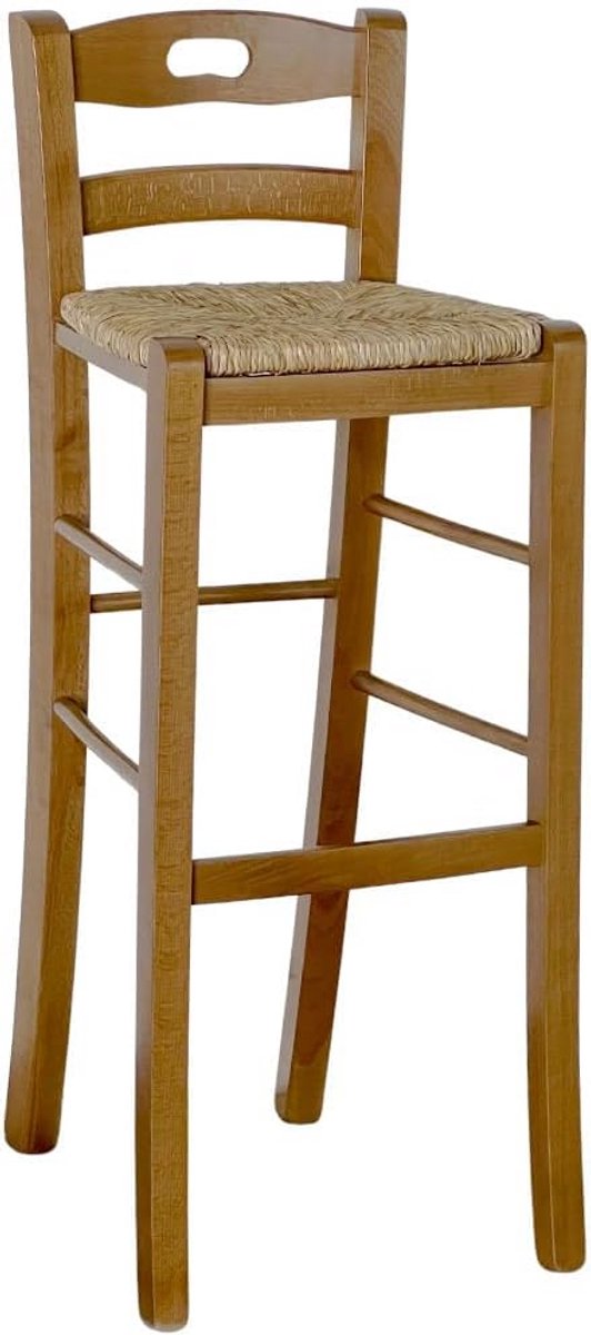Houten barkruk met stro zitvlak handgreep 80 cm