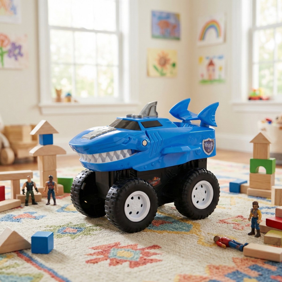 Eddy Toys Haai Auto - Shark Car met Licht en Geluid - Speelgoed Auto met Grote Wielen - Monstertruck - Werkt op 3x AA Batterijen - Blauw/Zwart/Wit — afbeelding 2