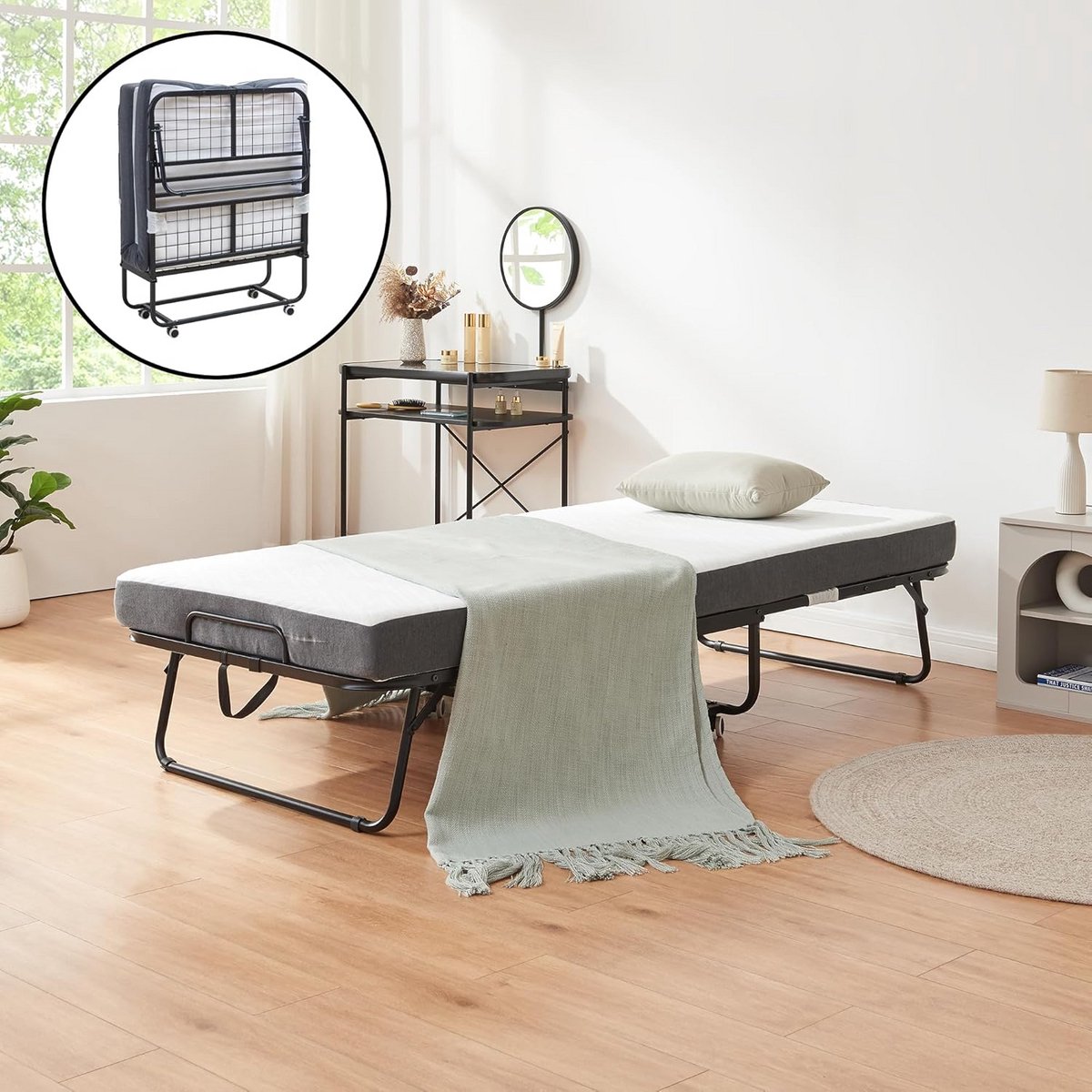 Opklapbed 90x200 cm met Traagschuim Matras - Direct Klaar Logeerbed met Wielen