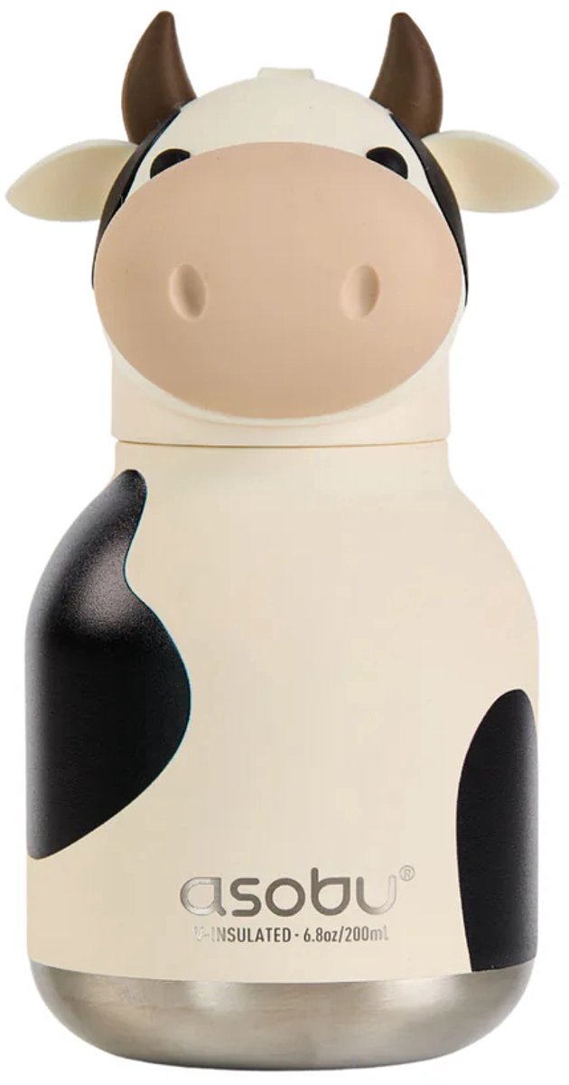 Asobu Mini Bestie Koe Drinkfles Thermofles 200 ml - Asobu MINI Besties – Schattige mini thermosfles 200 ml – Dieren drinkfles – BPA-vrij – To go – Cadeautip