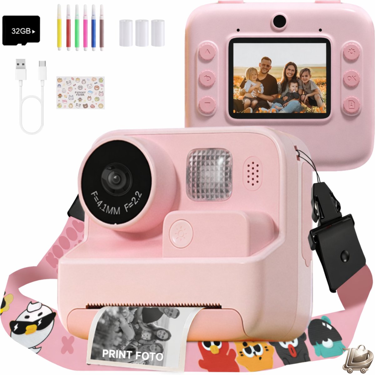 Kindercamera met Directe Afdruk - 2.0 Inch 1080P HD Scherm - Selfie Digitale Camera voor Kinderen - 48MP Foto’s - Inclusief 32GB SD Kaart, 3 Rollen Printpapier en 6 Kleurpotloden - Perfect Geschenk voor Meisjes en Jongens