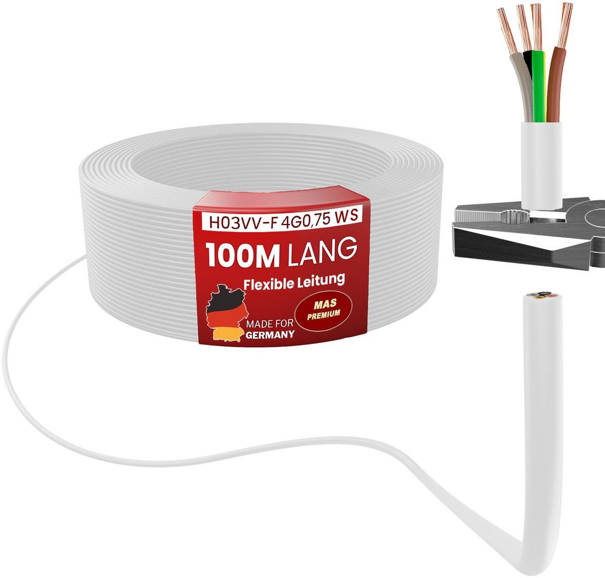 Flexibele kunststof installatiekabel H03VV-F 4G0,75 mm, tot 100 meter