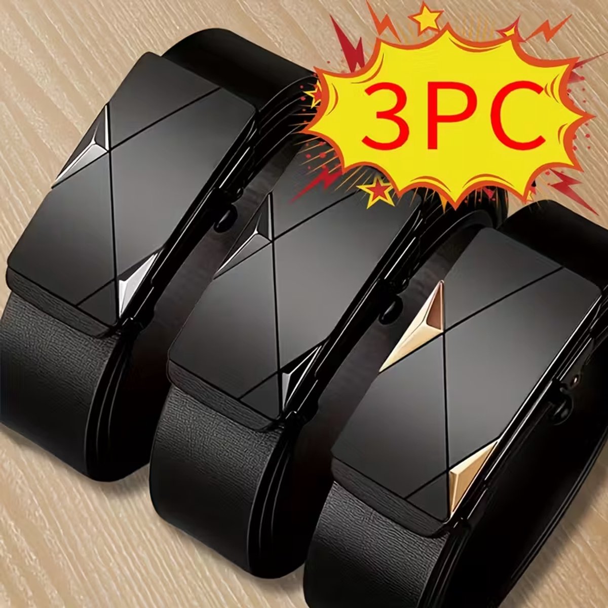 3PCS Men’s Belts 2026 New Design, Black, Gold & Silver Automatic Buckles, Toothless Adjustable, Business Casual Waist Belt with Clean Tail Finish