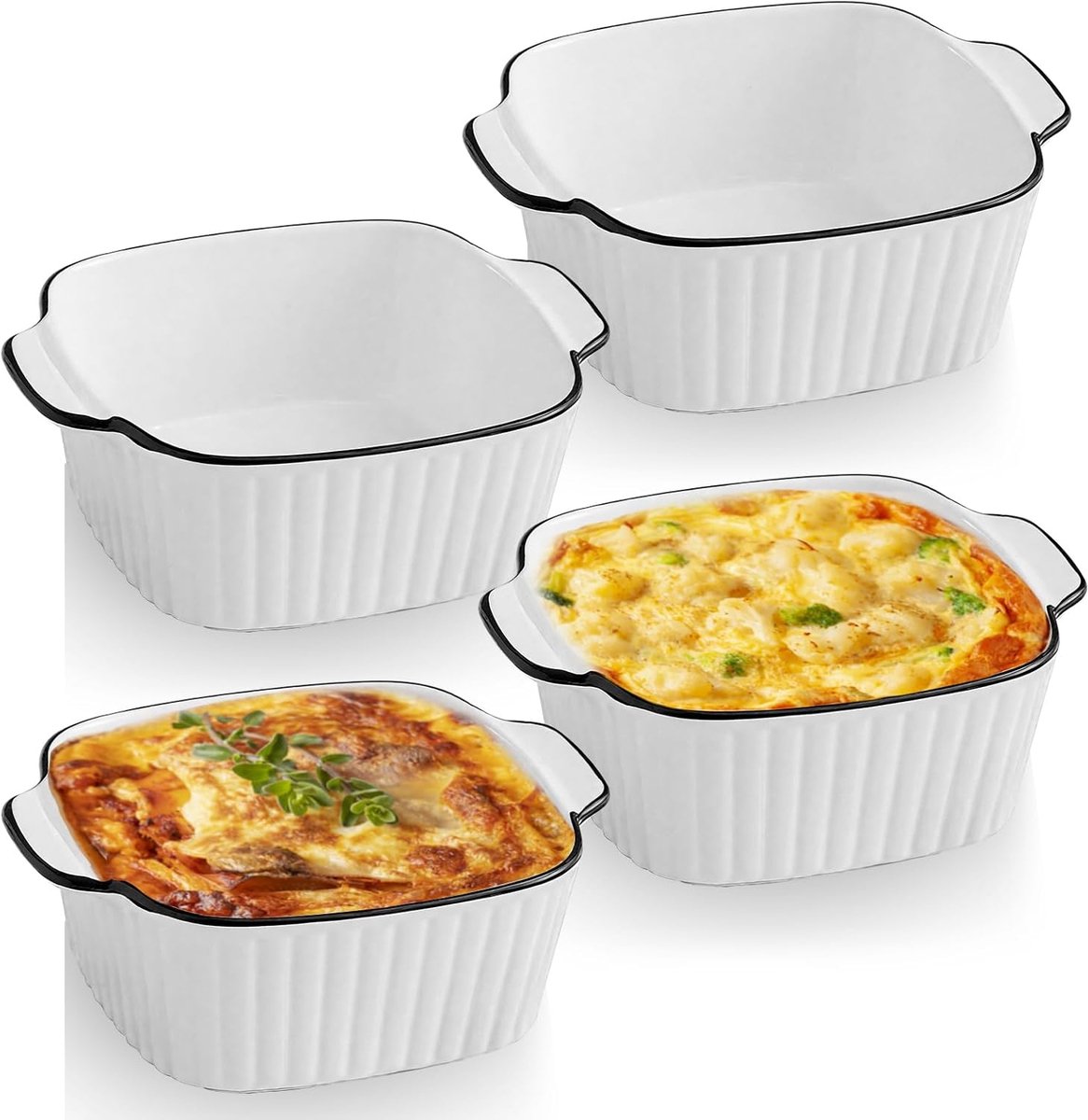 4 Stuks Witte Geribbelde Keramische Ovenschaal Met Oren - Geschikt voor Oven, Airfryer & Magnetron, Vierkante Bakvorm voor Lasagne & Ovengerechten