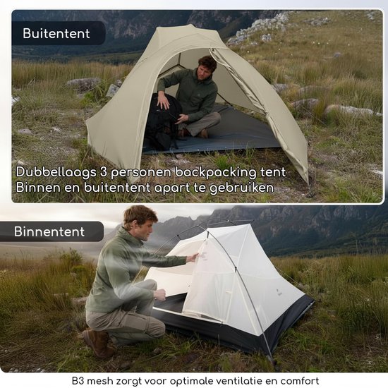 Naturehike Cloud Up 3 PRO - 3 persoons lichtgewicht tent - Waterdichte kampeertent - 20D 3000MM - Inclusief grondzeil - Outdoor trekking koepeltent - Maanzand van Naturehike — afbeelding 3