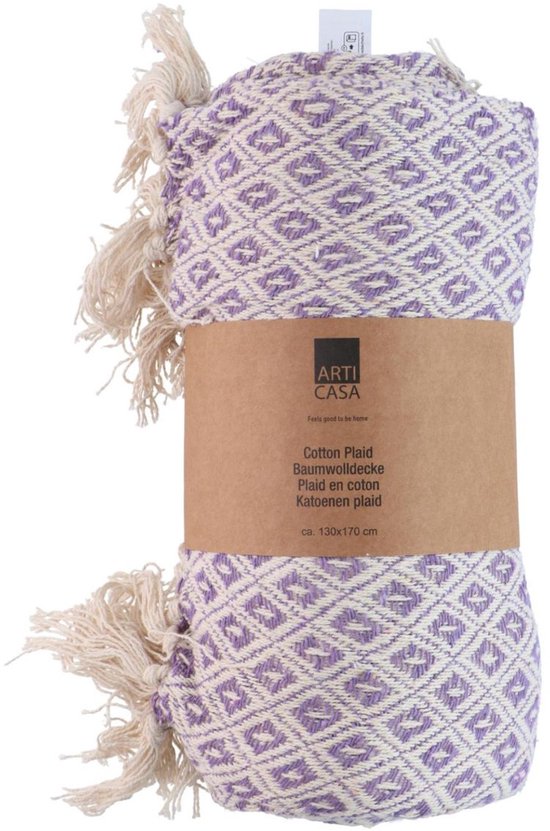 Arti Casa Katoenen Plaid - 130x170 cm - Decoratieve Deken met Franjes - Zachte Woonplaid - Paars
