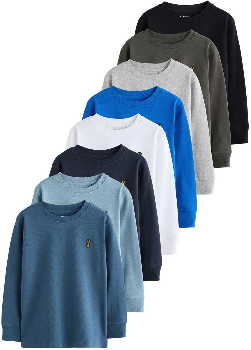 Next - Jongens - Set van 8 behaaglijke T-shirts met lange mouw en hertenlogo - Wit