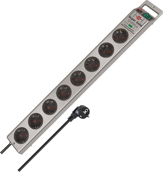 Brennenstuhl Super-Solid Stekkerdoos 8-voudig met overspanningsbeveiliging (Stekkerblok 2,5m kabel en schakelaar - gemaakt van breukvast polycarbonaat) zilver