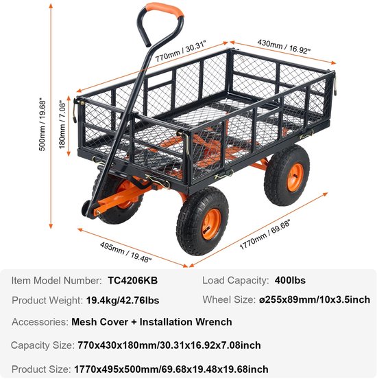 Jessi Store - Tuinkar - Bolderkar - Transportkar - Kantelfunctie - Verwijderbare Zijkanten - 180kg - 10 inch wielen - 177x49,5x50cm van Merkloos — afbeelding 4